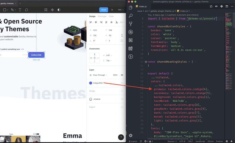 Screenshot showing both Figma and VS Code. The value used in Figma can easily get transferred to VS Code and Theme UI.