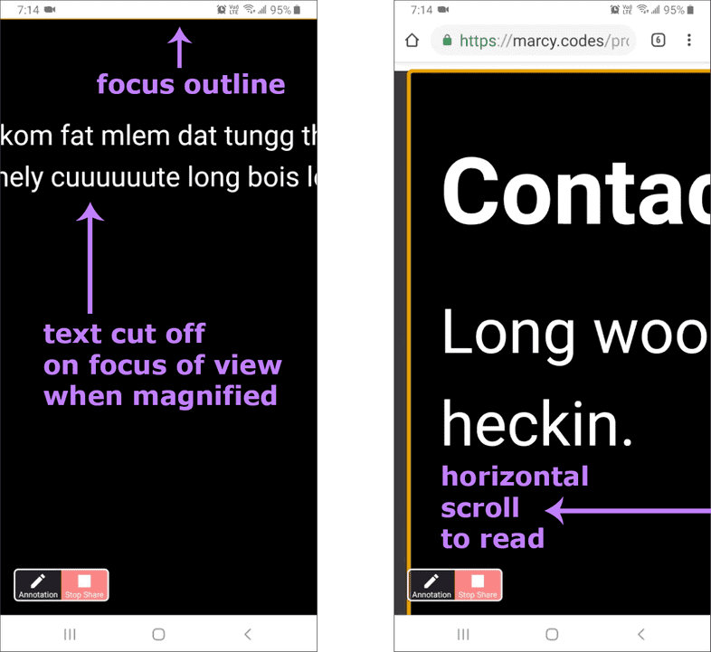 two screenshots of mobile Chrome showing a barely-visible focus outline at the edge, cut-off text, and how much horizontal scrolling is needed to read the Doggo Ipsum placeholder text