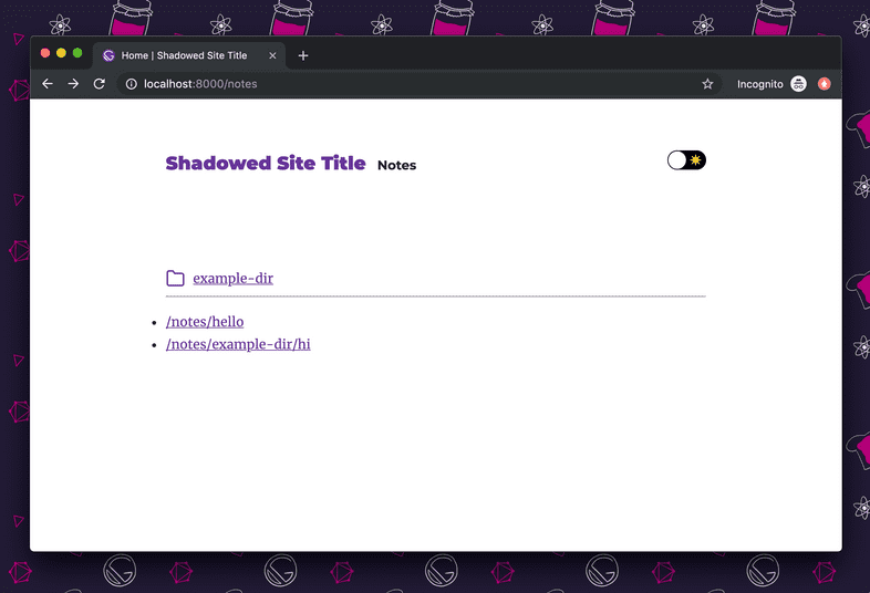 The `notes` route of a site created by gatsby-theme starter