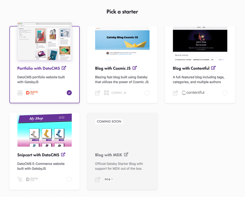 Screenshot showing Gatsby Starters to start projects on Gatsby Cloud for portfolios, blogs, and e-commerce sites