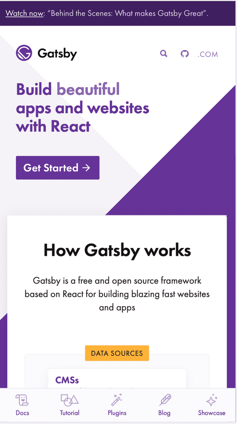 Screenshot of gatsbyjs.org homepage on a mobile device