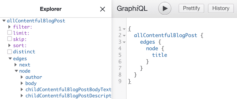 the graphql interface, with a sample query outlined below