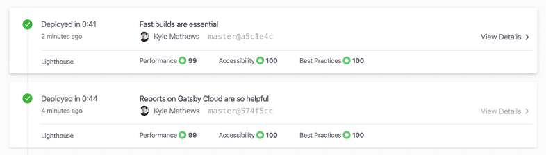 Screenshot of Gatsby Cloud builds with Chrome Lighthouse reports