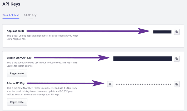 algolia api key screenshot