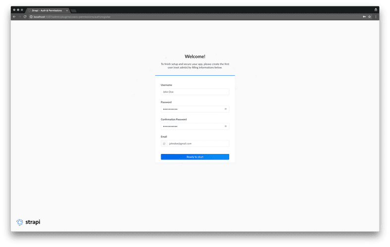 Strapi registration page