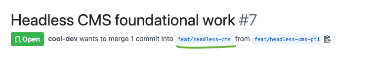 A screenshot from GitHub showing that the PR is opened against 'feat/headless-cms' instead of master.