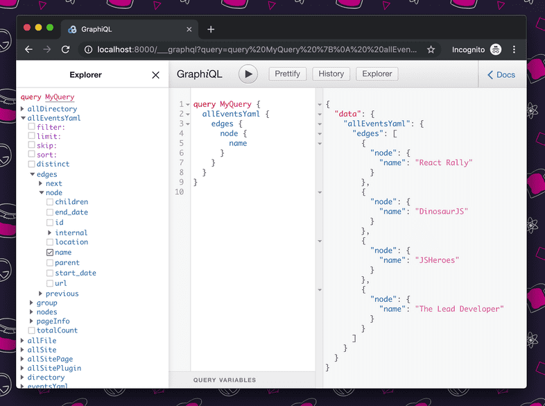 Successful execution of the previously described query, in the GraphiQL explorer